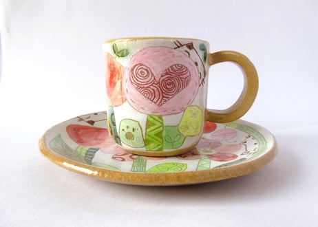 安藤喜代子　パッチワークネコのコーヒーカップ＊ピンクC