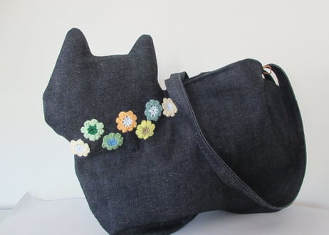 【限定1点のみ】デニムの猫バッグ ショルダータイプ＊お花モチーフ グリーン