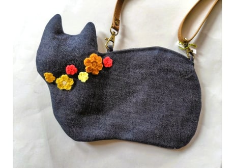 新作＊斜め掛け お花モチーフ仔猫バッグ＊オレンジ