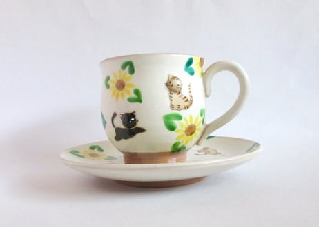 京焼・小手鞠窯 ひまわりのコーヒーカップ＊黒猫とチャトラネコ