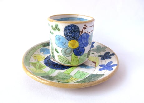安藤喜代子　パッチワークネコのコーヒーカップ＊ブルーB