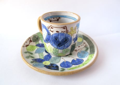 安藤喜代子　パッチワークネコのコーヒーカップ＊ブルーA