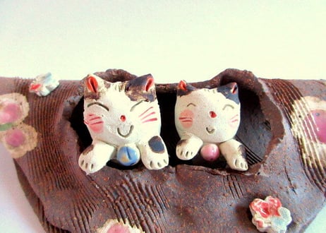 豊大窯　猫のお雛様＊半月雛茶色