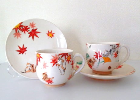 京焼・小手鞠窯 コーヒーカップ紅葉＊サバトラとチヤトラ