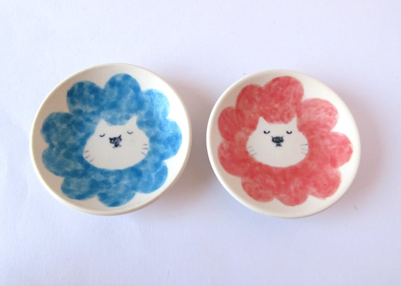 みなかわねこ 豆丸皿＊ブルー／ピンク | コーヒー豆と雑貨の店 豆ねこ