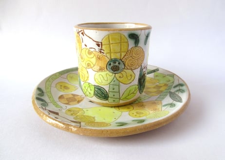 安藤喜代子　パッチワークネコのコーヒーカップ＊イエロー