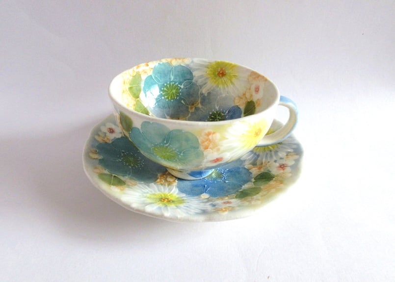 工房ゆずりは お花のカップ＆ソーサー イエローブルー | コーヒー豆と