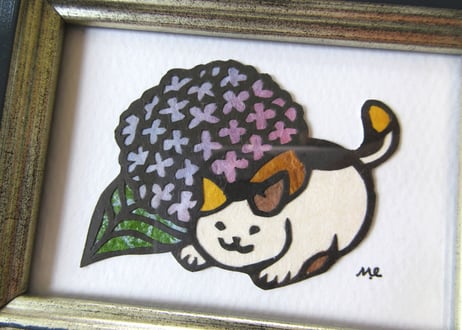 オガタミホ　額入り切り絵＊紫陽花と三毛猫