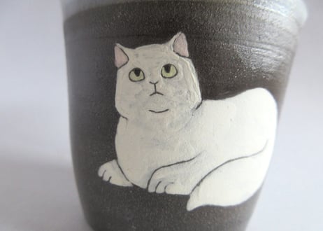 つぐみ製陶所　猫のフリーカップB＊シロネコ