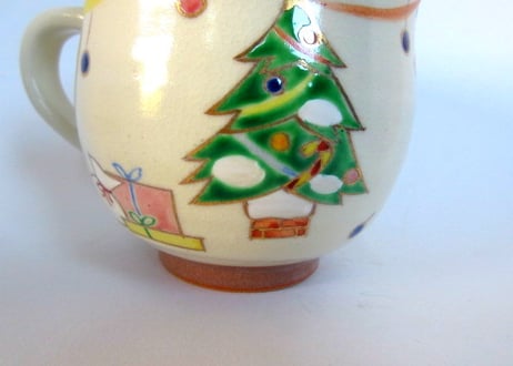 京焼・小手鞠窯 クリスマスのマグカップ＊クリスマスツリーと猫