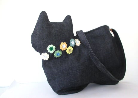 【限定1点のみ】デニムの猫バッグ ショルダータイプ＊お花モチーフ グリーン