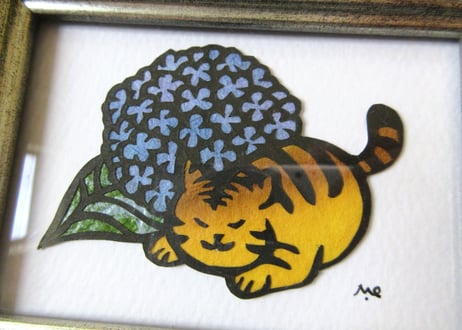 オガタミホ　額入り切り絵＊紫陽花とチャトラ猫
