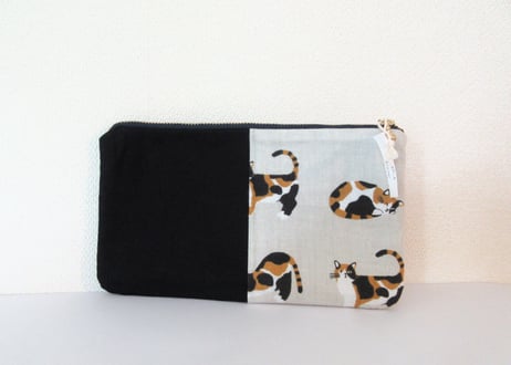 【SALE 1200→1000円！】てぬぐい平ポーチ＊三毛猫（ミケネコ）