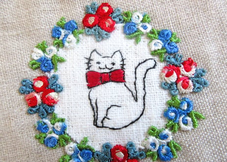 リネン刺繍平ポーチ＊お花と猫E