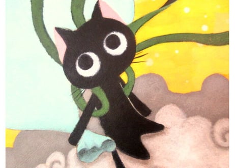 かつきかずお 額装絵画  F6号＊桃富士と風ニャン雷ニャン＊