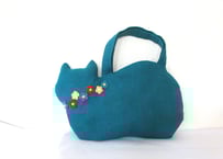 スラブリネン お花の猫バッグ ターコイズブルー