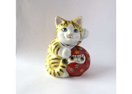 九谷焼 青郊窯　金彩 ダルマ招き猫