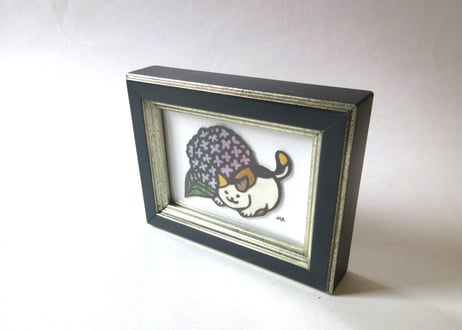 オガタミホ　額入り切り絵＊紫陽花と三毛猫