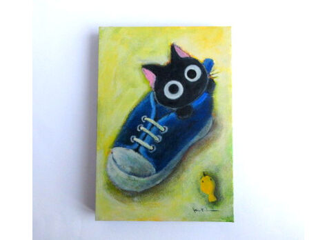 【ブラッキー】絵画 猫 Kuku Kako: Painting of a Black Cat with Golden Eyes (Sold