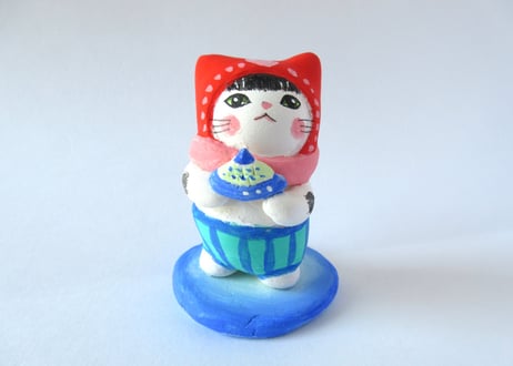 なつめみちこ 猫の置物 海辺の猫＊赤い帽子猫