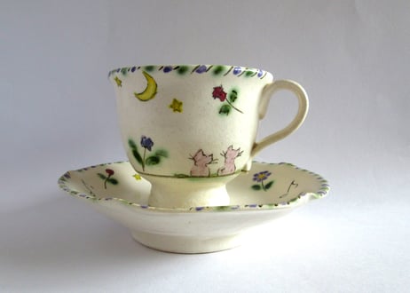 早川ゆかこ　コーヒーカップ＊猫とお花とお月さまA