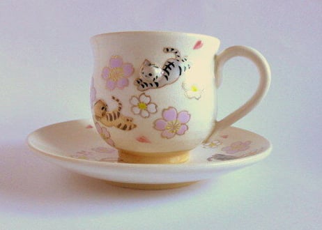 京焼・小手鞠窯 　桜と猫のコーヒーカップ＊茶トラとサバトラ