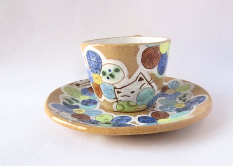 ＊安藤喜代子＊猫とお花のコーヒーカップ＊ブルーB