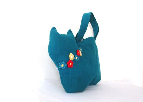 スラブリネン お花の猫バッグ ターコイズブルー