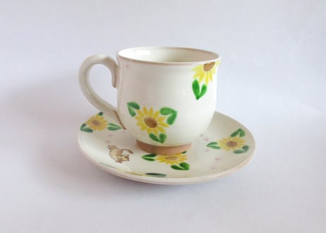 京焼・小手鞠窯 ひまわりのコーヒーカップ＊黒猫とチャトラネコ