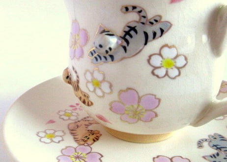 京焼・小手鞠窯 　桜と猫のコーヒーカップ＊茶トラとサバトラ