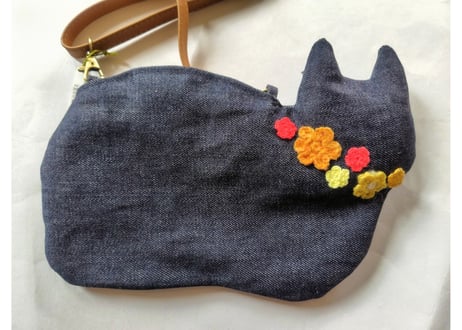 新作＊斜め掛け お花モチーフ仔猫バッグ＊オレンジ