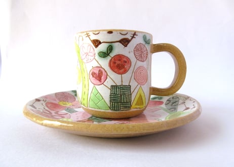 安藤喜代子　パッチワークネコのコーヒーカップ＊ピンクA