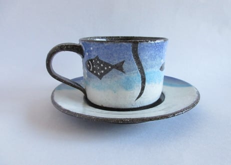 奥田茜　猫のコーヒーカップB＊お魚と猫