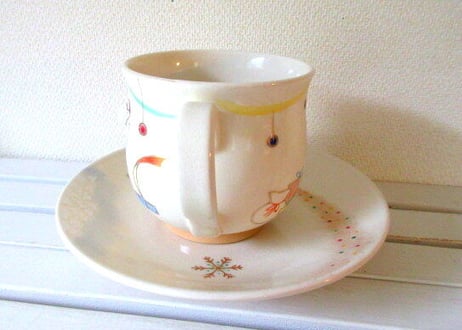 京焼・小手鞠窯 クリスマスのコーヒーカップ＊クリスマスツリーと猫たち