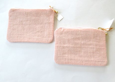 お花と猫の刺繍　リネンのミニポーチ＊ピンクA／B