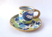 安藤喜代子　パッチワークネコのコーヒーカップ＊ブルーC