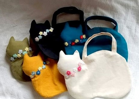 スラブリネン お花の猫バッグ ターコイズブルー