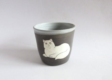 つぐみ製陶所　猫のフリーカップB＊シロネコ