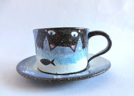 奥田茜　猫のコーヒーカップB＊お魚と猫