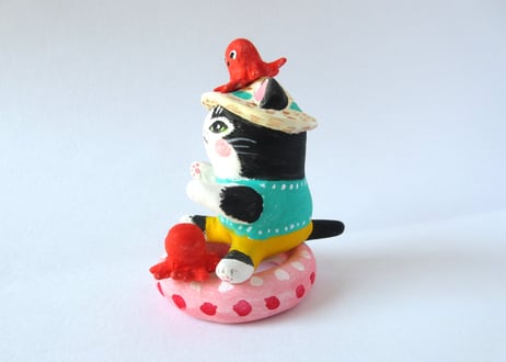 なつめみちこ 猫の置物 海辺の猫＊タコ