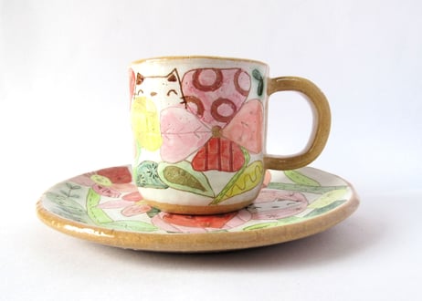 安藤喜代子　パッチワークネコのコーヒーカップ＊ピンクD