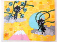 かつきかずお 額装絵画  F6号＊桃富士と風ニャン雷ニャン＊
