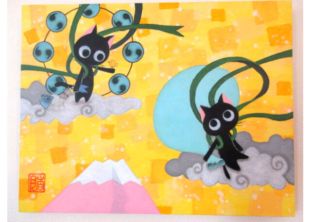 お値下げ不可　今年ラス2❕️手作り額付き銅版画応用絵画　「風天のニャンコ」 お値下げ不可 今年ラス2❕️手作り額付き銅版画応用絵画 「風天