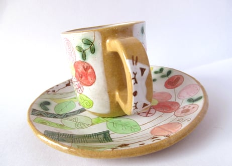 安藤喜代子　パッチワークネコのコーヒーカップ＊ピンクB