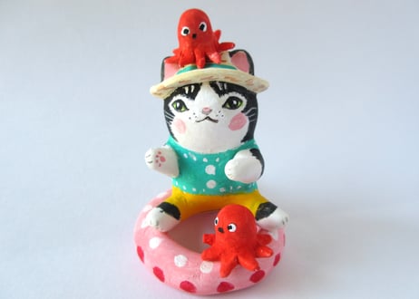 なつめみちこ 猫の置物 海辺の猫＊タコ