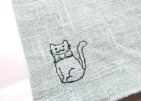 猫の刺繍 リネンブックカバー＊スモーキーブルーB