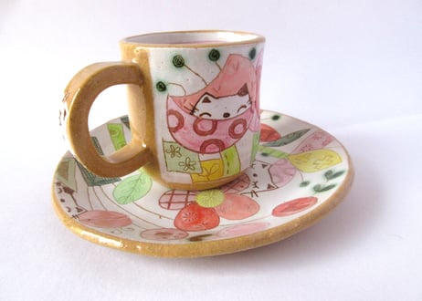 安藤喜代子　パッチワークネコのコーヒーカップ＊ピンクB