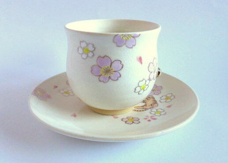 京焼・小手鞠窯 　桜と猫のコーヒーカップ＊茶トラとサバトラ