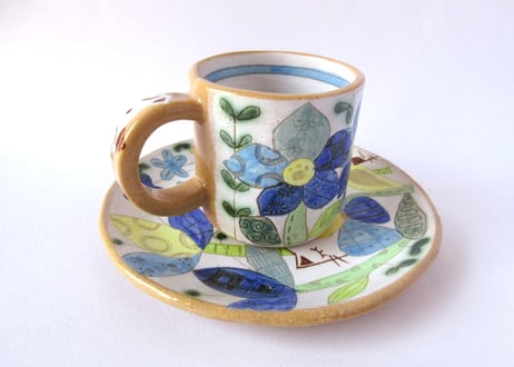安藤喜代子　パッチワークネコのコーヒーカップ＊ブルーC