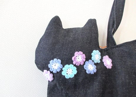 【限定1点のみ】デニムの猫バッグ ショルダータイプ＊お花モチーフ ブルーパープル